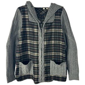 Moth Anthropologie Derry Plaid Cable Knit Hooded Sweater Jacket Cardigan Wool M